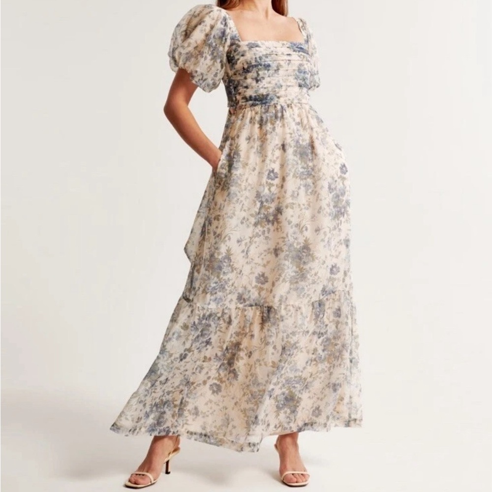 Abercrombie & Fitch Floral Emerson Drama Bow Maxi Dress - Blue and Cream XLT